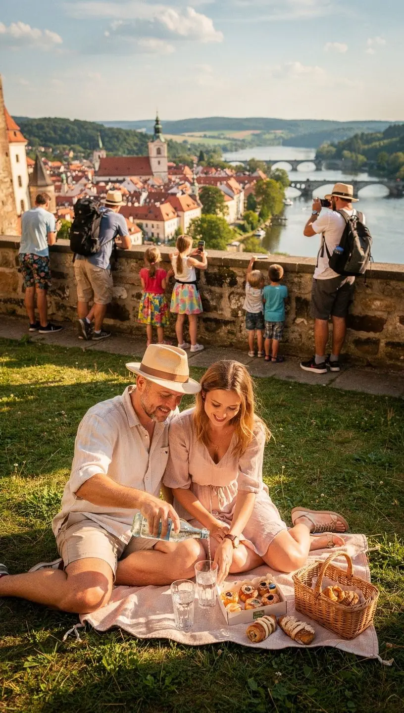 Zámek Český Krumlov reflektující se v klidné hladině řeky Vltavy.