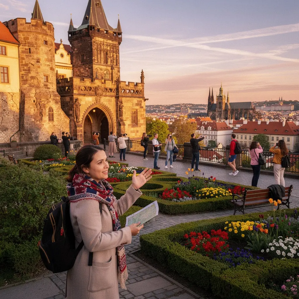 Nádherné výhledy na město Brno z vrcholu Špilberku s modrou oblohou.